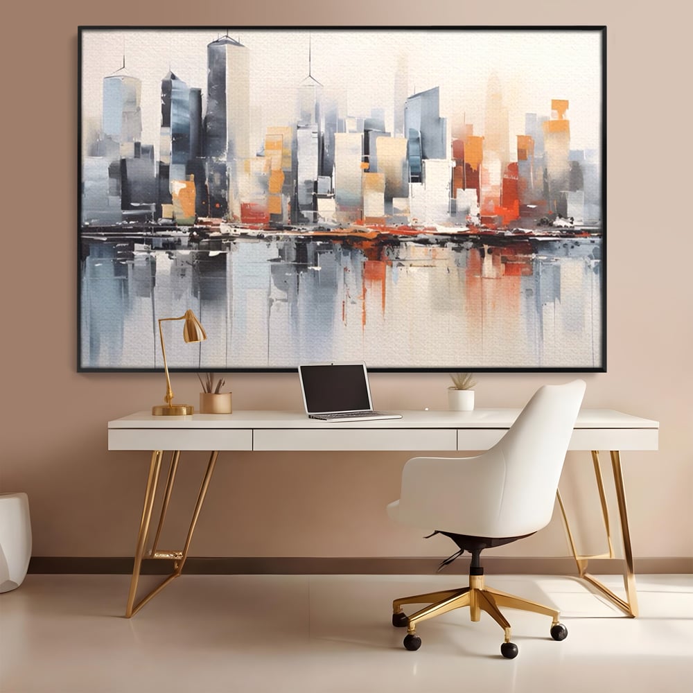 Tablou canvas cu tablou canvas cu peisaj urban abstract, in rama de aluminiu negru, pe perete intr-un birou